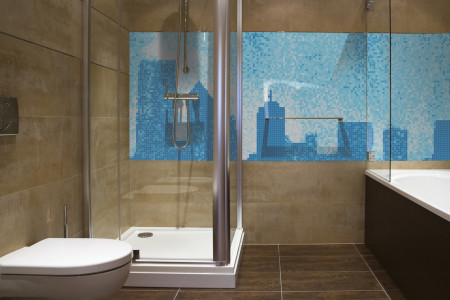 Blue cityscape  Graphic Mosaic installation by Artaic