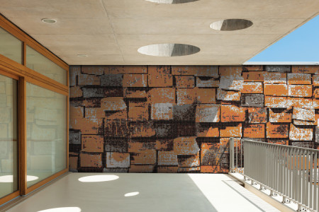 Orange reclaimed lumber Contemporary Textural Mosaic installation by Artaic