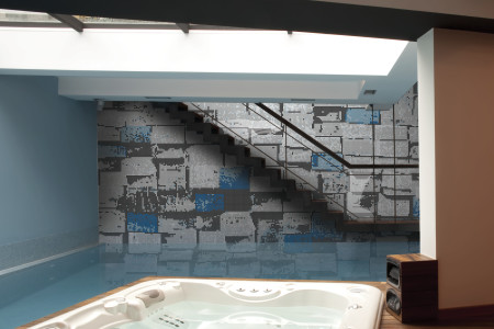 Blue reclaimed lumber Contemporary Textural Mosaic installation by Artaic