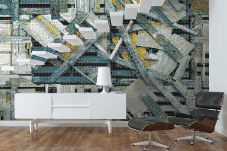 Turquoise wooden pallets Contemporary Textural Mosaic installation by Artaic
