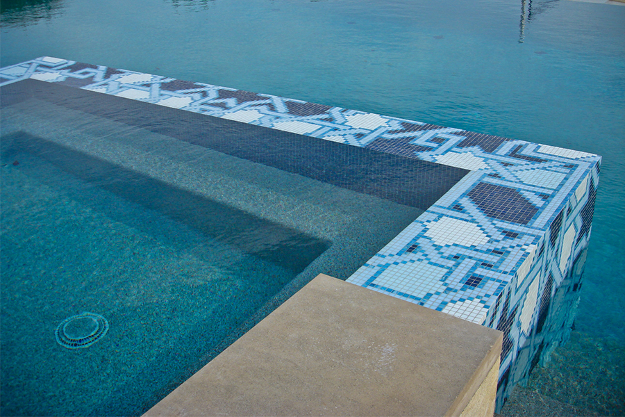 blue arabesque geometric mosaic tile design by artaic - lombardi residential pool