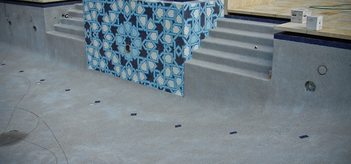 blue arabesque geometric mosaic tile design by artaic - lombardi residential pool