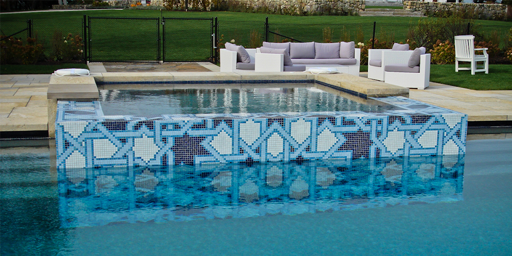 blue geometric arabesque mosaic tile design lombardi pool installation