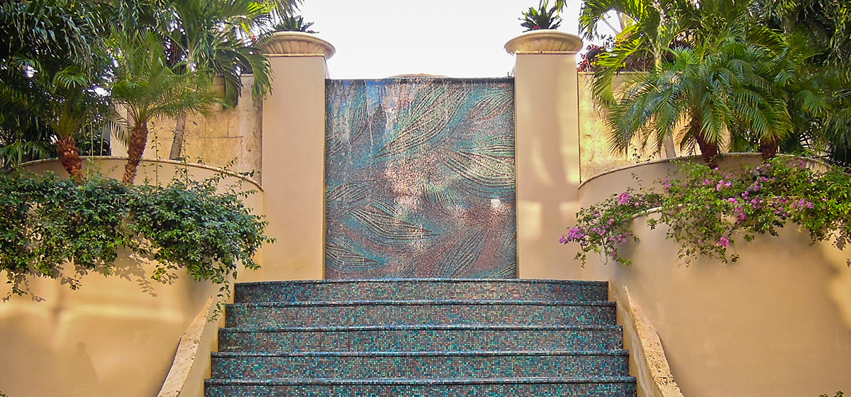 01121027 blue feather texture custom hospitality mosaic tile design for ritz coconut grove outdoor fountain by Artaic