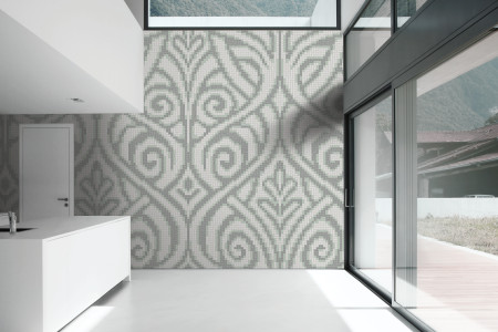 white textiles Traditional Ornamental Mosaic installation by Artaic