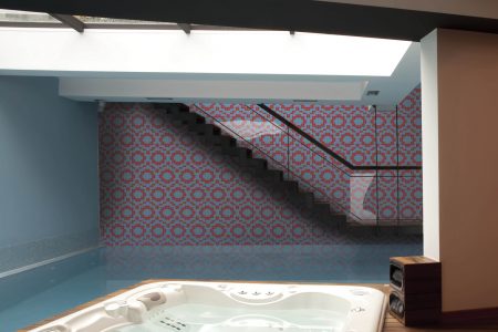 Red Repeating Contemporary Geometric Mosaic installation by Artaic