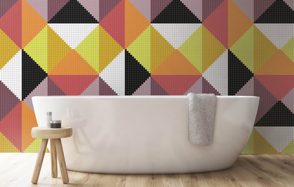 Orange Repeating Contemporary Graphic Mosaic installation by Artaic