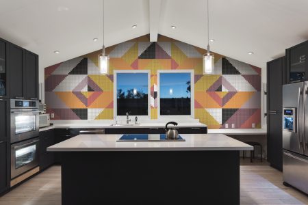 Orange Repeating Contemporary Graphic Mosaic installation by Artaic