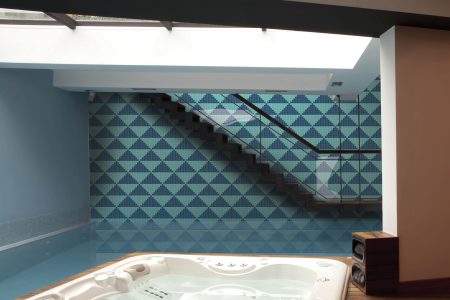 Blue Repeating Contemporary Geometric Mosaic installation by Artaic