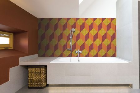 Orange Repeating Contemporary Geometric Mosaic installation by Artaic