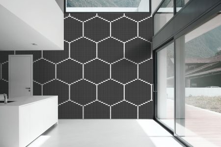 Black Repeating Contemporary Geometric Mosaic installation by Artaic