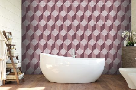 Rubix Amethyst3 (SKU #0421511), from Artaic's Verge collection, seen as a pink bright residential bathroom wall tile mosaic Pattern
